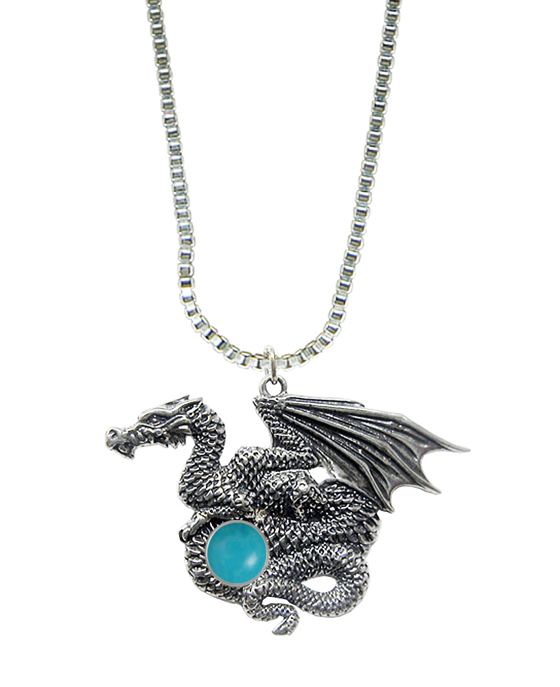 Sterling Silver Dragon of Many Treasures Pendant With Turquoise